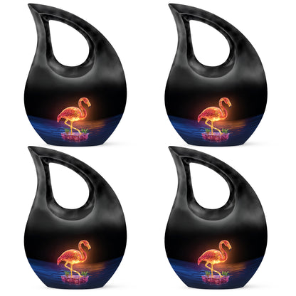 Midnight Black Flamingo Cremation Urn lifestyle display on memorial shelf - devotional cross-drop flamingo engraving - 10 inch aluminum urn for cremated remains