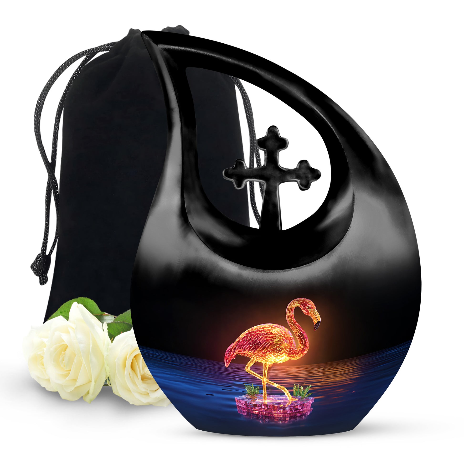 Ebony Flamingo Cremation Urn top-down view of secure threaded lid - cross and flamingo combined in spiritual memorial design - full-size 10 inch 200 cubic inch adult cremation urn