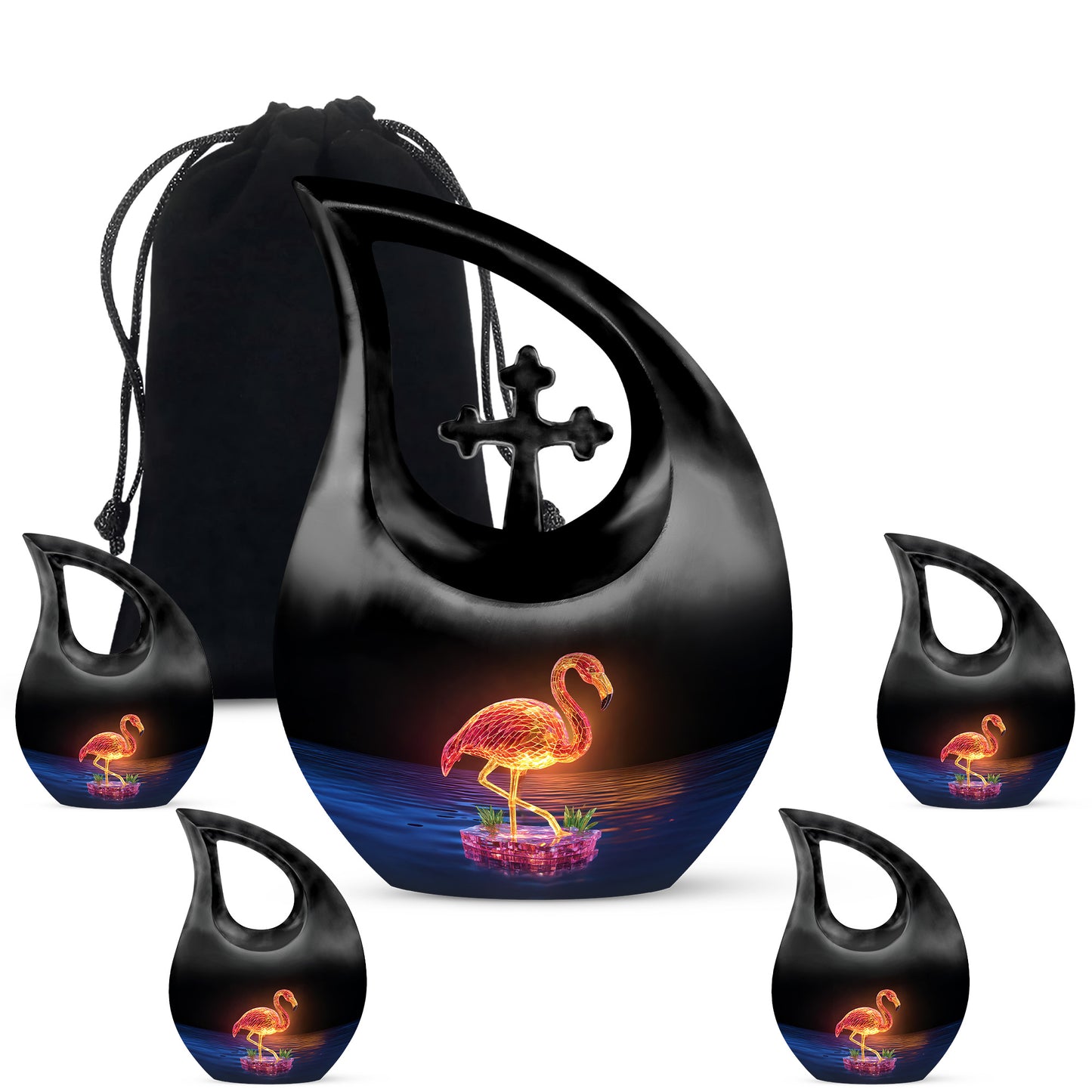 Rich Black Flamingo Cremation Urn urn with complimentary velvet bag - cross and flamingo combined in spiritual memorial design - memorial set with one large and four small urns