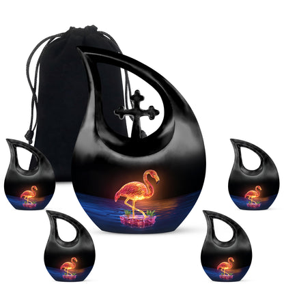 Rich Black Flamingo Cremation Urn urn with complimentary velvet bag - cross and flamingo combined in spiritual memorial design - memorial set with one large and four small urns
