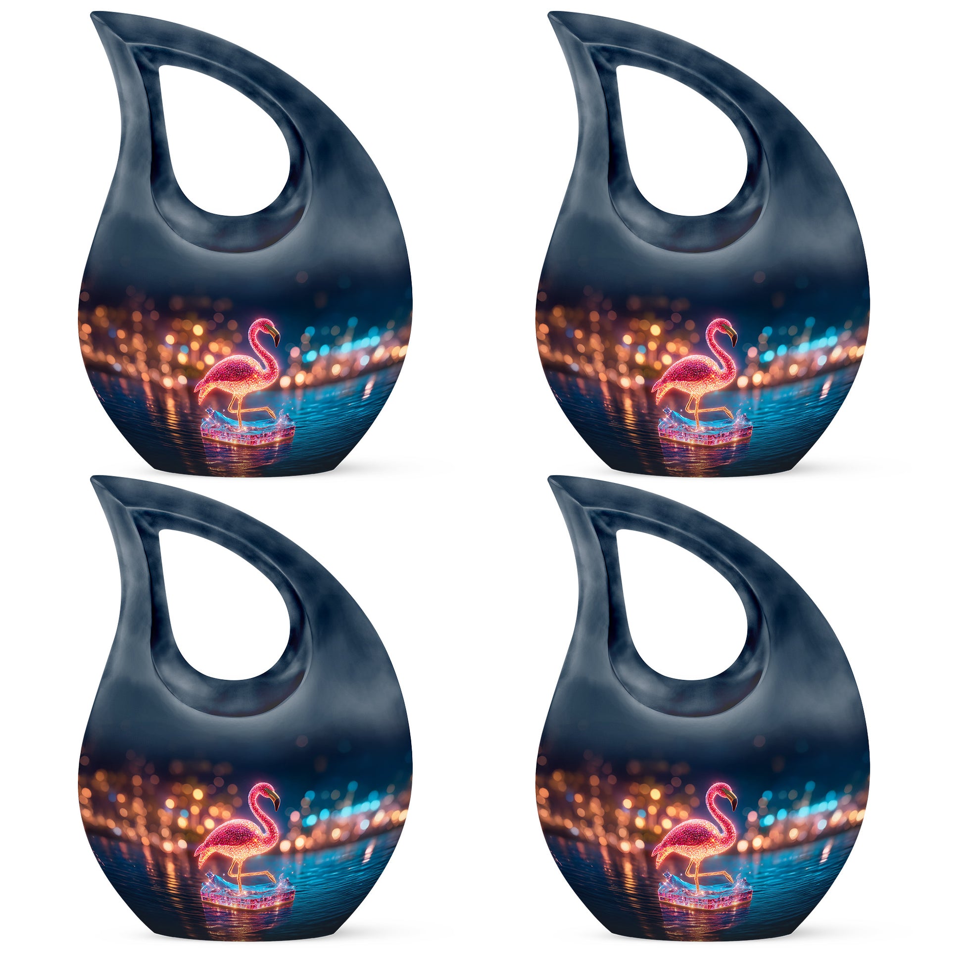 Cornflower Blue Flamingo Cremation Urn lifestyle display on memorial shelf - devotional cross-drop flamingo engraving - 10 inch aluminum urn for cremated remains