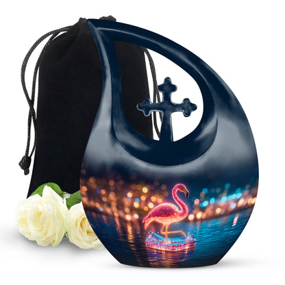 Soft Blue Flamingo Cremation Urn top-down view of secure threaded lid - faith-inspired cross-drop urn with flamingo pattern - full-size 10 inch 200 cubic inch adult cremation urn