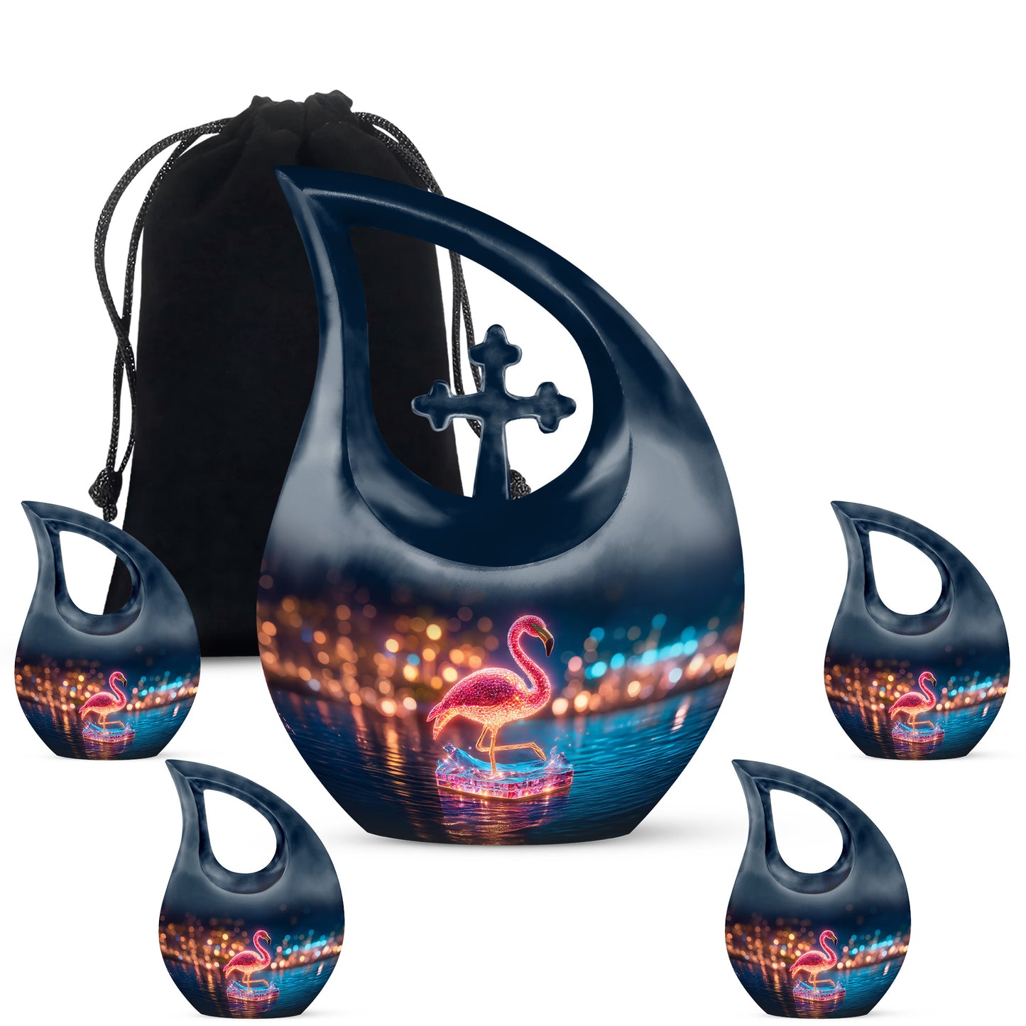 Celestial Blue Flamingo Cremation Urn urn with complimentary velvet bag - cross and flamingo combined in spiritual memorial design - memorial set with one large and four small urns