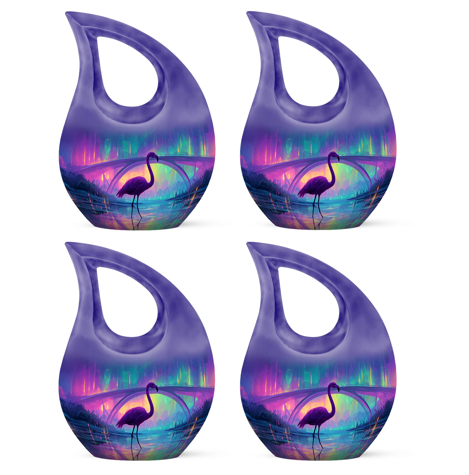Azure Flamingo Cremation Urn lifestyle display on memorial shelf - sacred cross merged with flamingo motif on metal - 10 inch aluminum urn for cremated remains