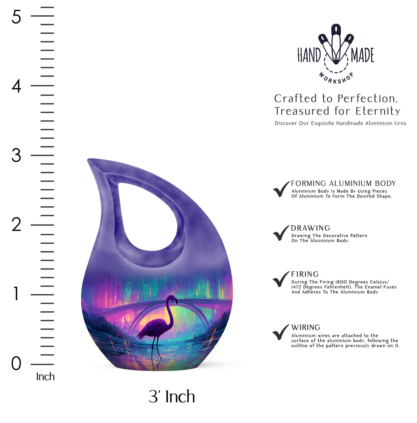 Royal Blue Flamingo Cremation Urn back view with polished surface - faith-inspired cross-drop urn with flamingo pattern - mini keepsake memorial for portion of cremation ashes