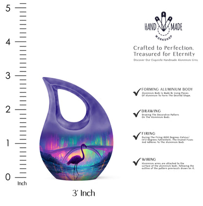 Royal Blue Flamingo Cremation Urn back view with polished surface - faith-inspired cross-drop urn with flamingo pattern - mini keepsake memorial for portion of cremation ashes