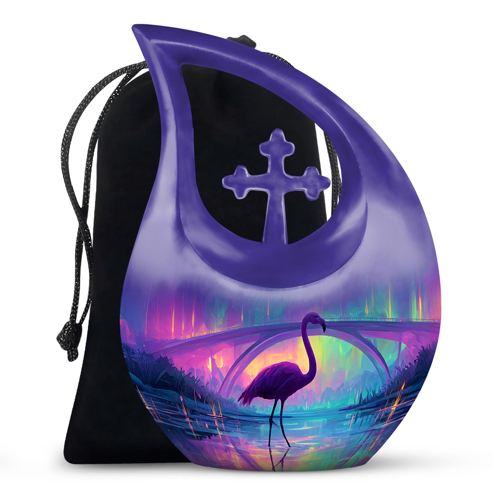 Sky Blue Flamingo Cremation Urn top-down view of secure threaded lid - sacred cross merged with flamingo motif on metal - full-size 10 inch 200 cubic inch adult cremation urn