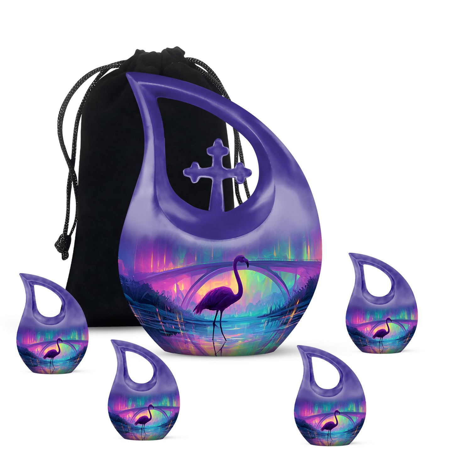 Dusty Blue Flamingo Cremation Urn urn with complimentary velvet bag - sacred cross merged with flamingo motif on metal - memorial set with one large and four small urns