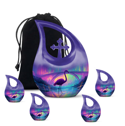 Dusty Blue Flamingo Cremation Urn urn with complimentary velvet bag - sacred cross merged with flamingo motif on metal - memorial set with one large and four small urns