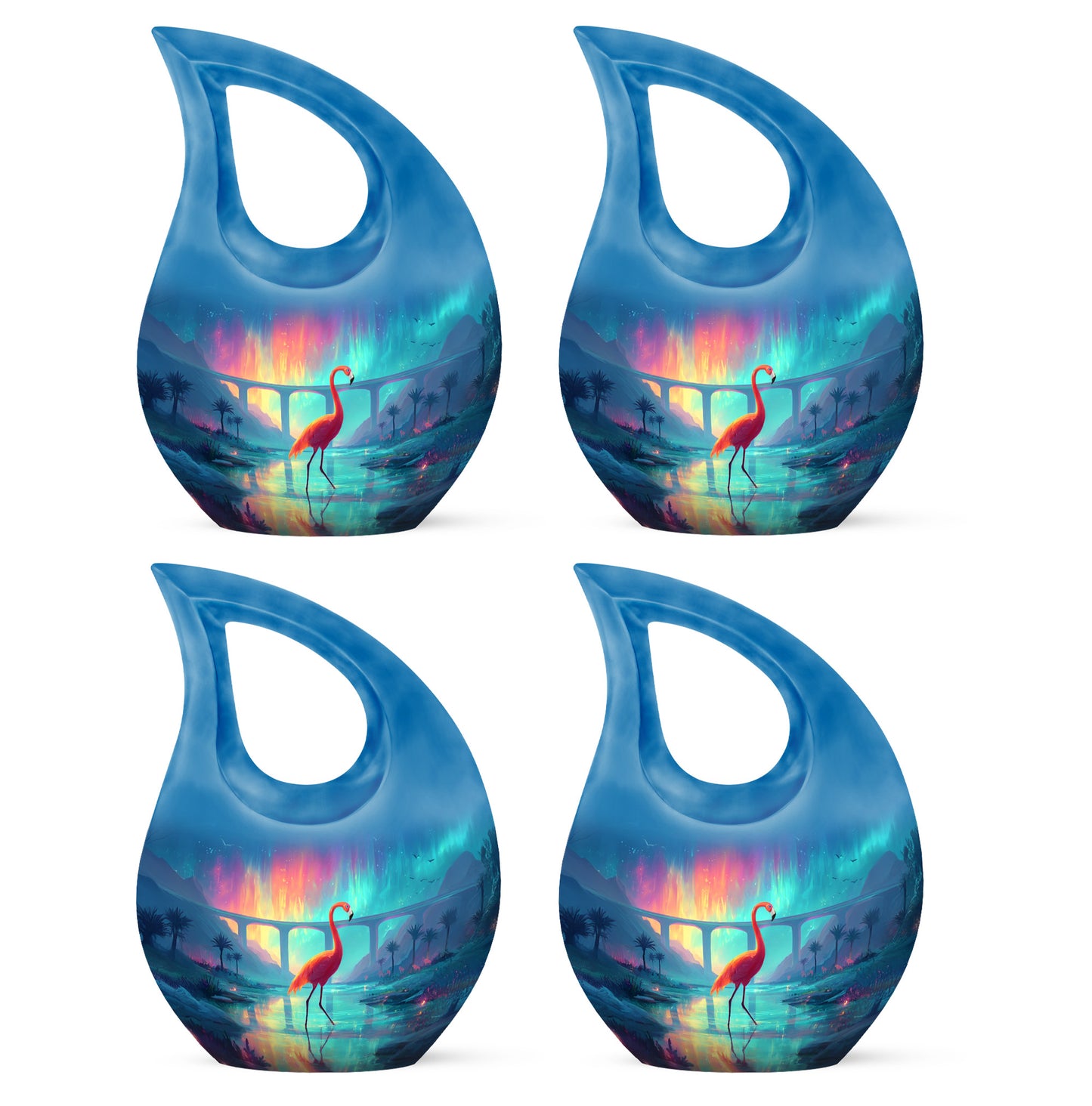 Slate Blue Flamingo Cremation Urn lifestyle display on memorial shelf - cross and flamingo combined in spiritual memorial design - 10 inch aluminum urn for cremated remains