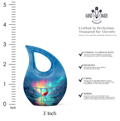 Cobalt Blue Flamingo Cremation Urn back view with polished surface - devotional cross-drop flamingo engraving - mini keepsake memorial for portion of cremation ashes
