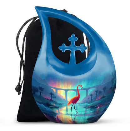 Twilight Blue Flamingo Cremation Urn top-down view of secure threaded lid - devotional cross-drop flamingo engraving - full-size 10 inch 200 cubic inch adult cremation urn