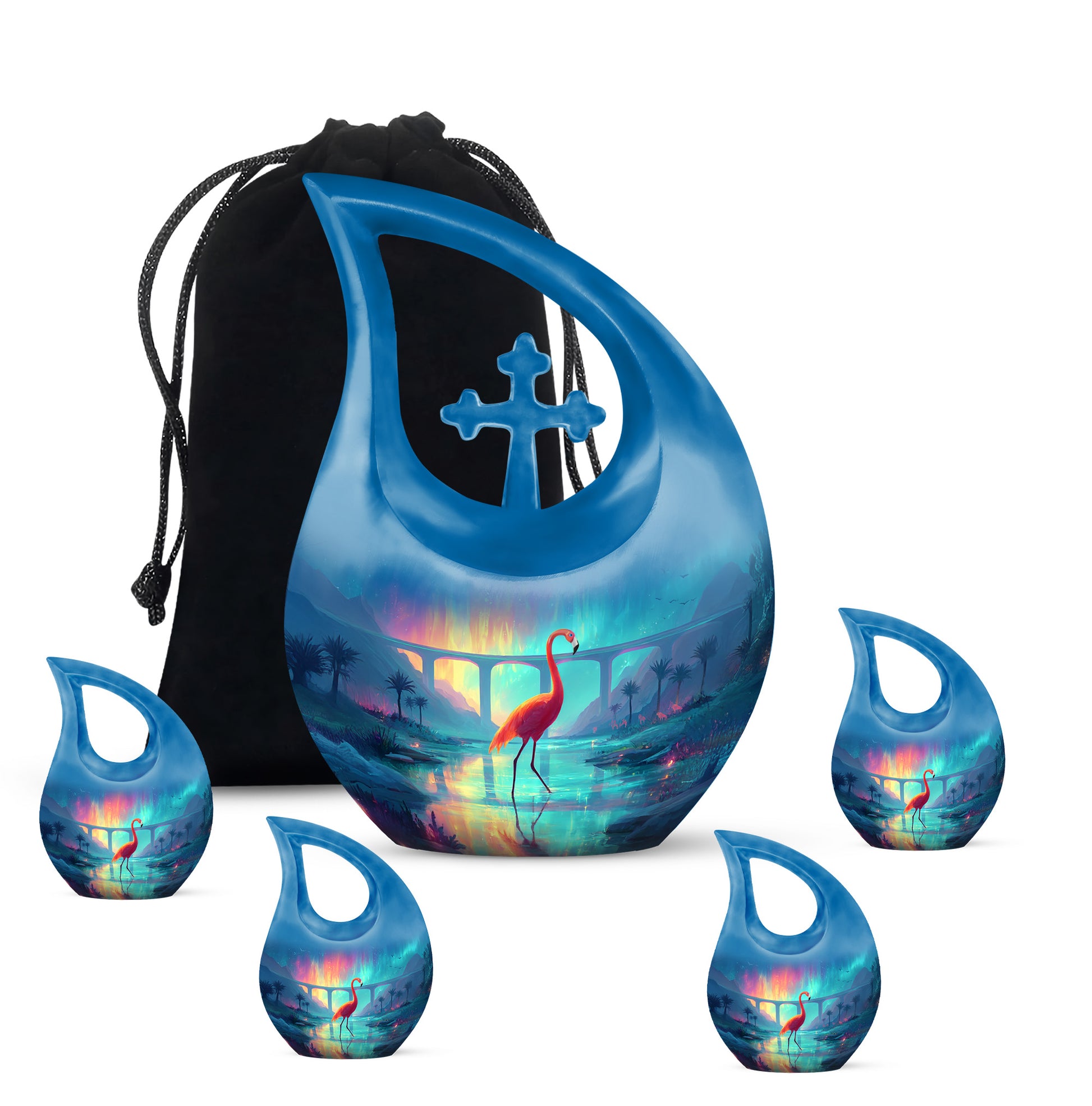 Powder Blue Flamingo Cremation Urn urn with complimentary velvet bag - cross and flamingo combined in spiritual memorial design - memorial set with one large and four small urns