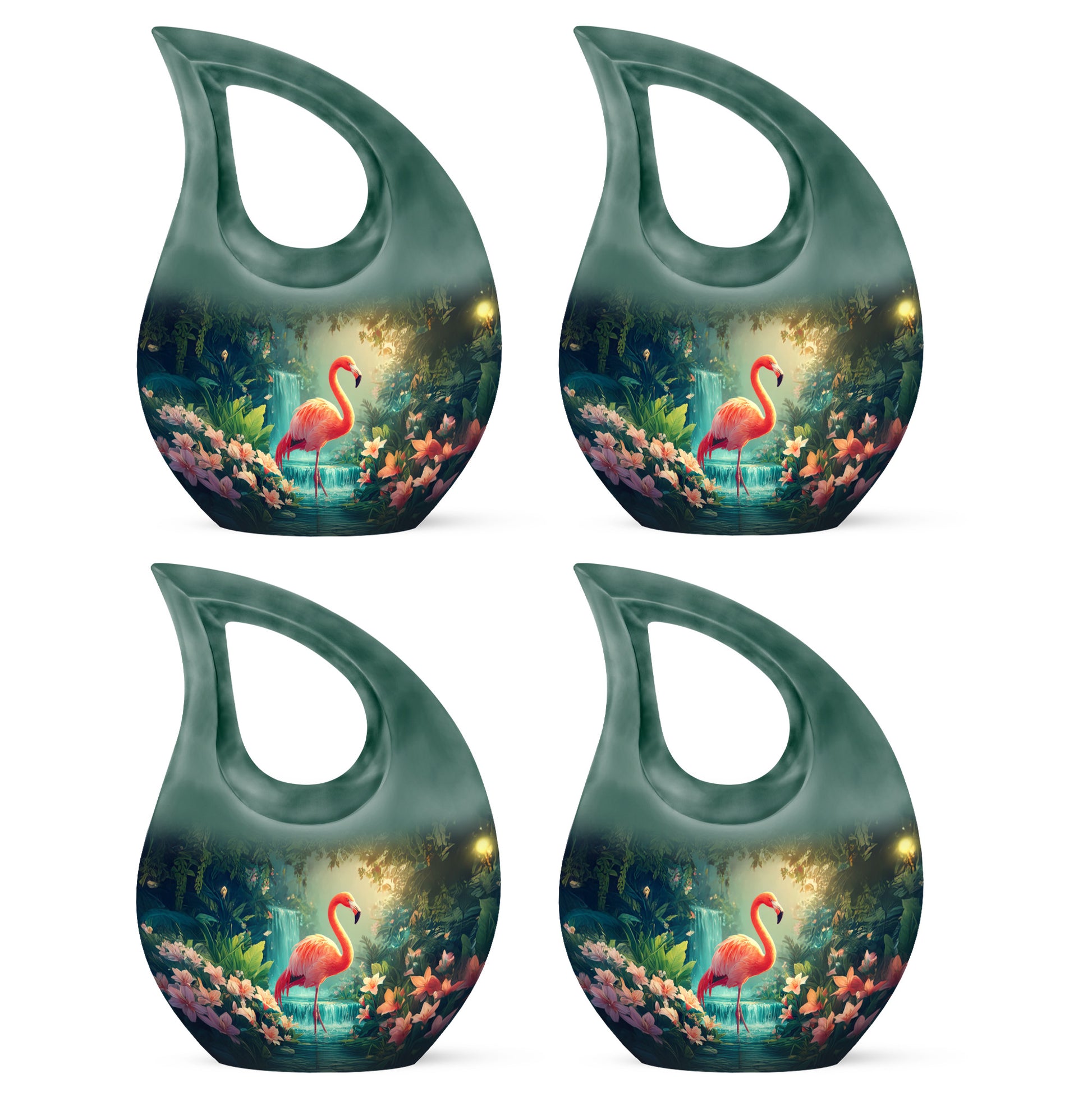 Pastel Blue Flamingo Cremation Urn lifestyle display on memorial shelf - cross and flamingo combined in spiritual memorial design - 10 inch aluminum urn for cremated remains
