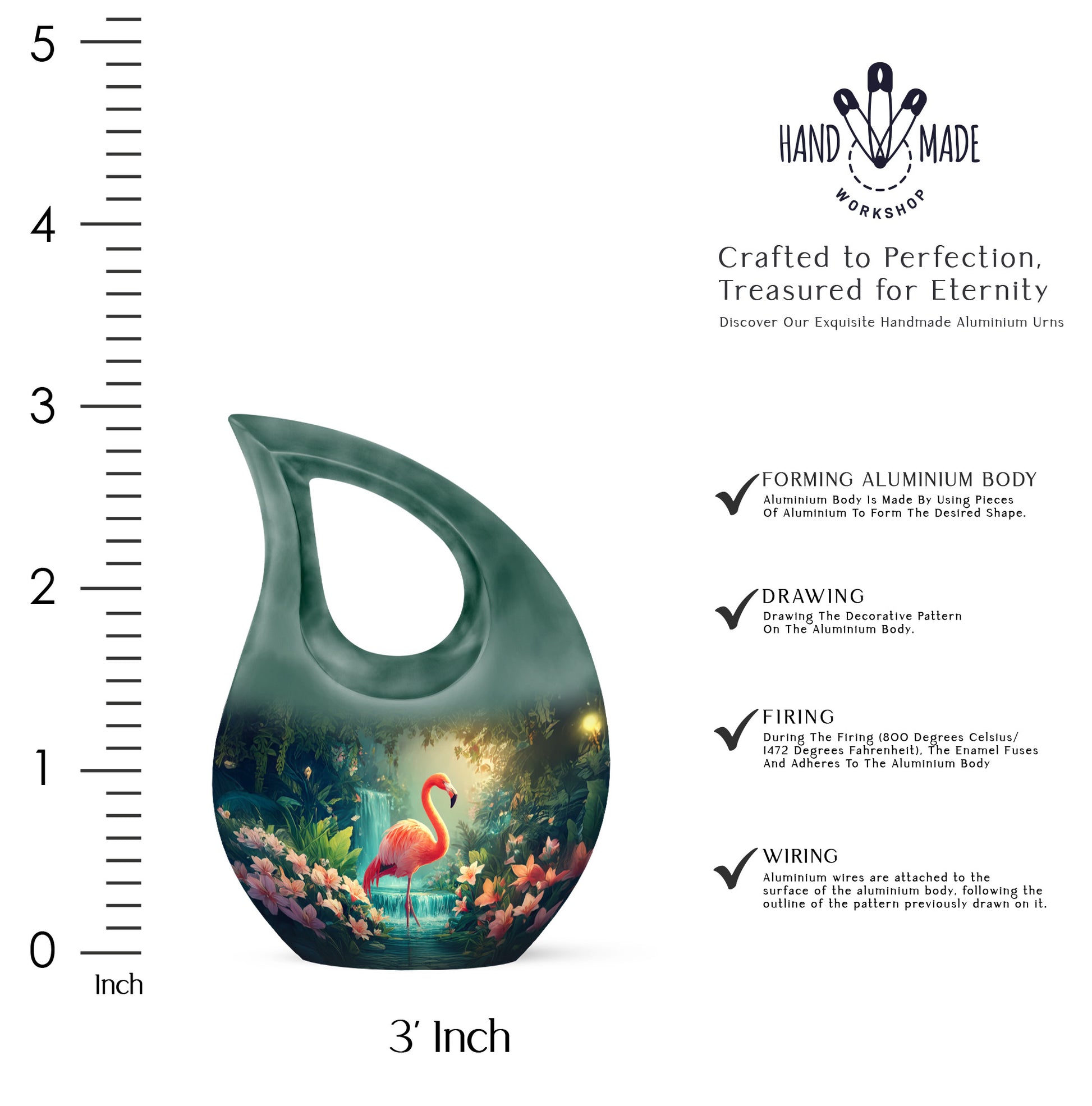 Celestial Blue Flamingo Cremation Urn back view with polished surface - cross and flamingo combined in spiritual memorial design - mini keepsake memorial for portion of cremation ashes