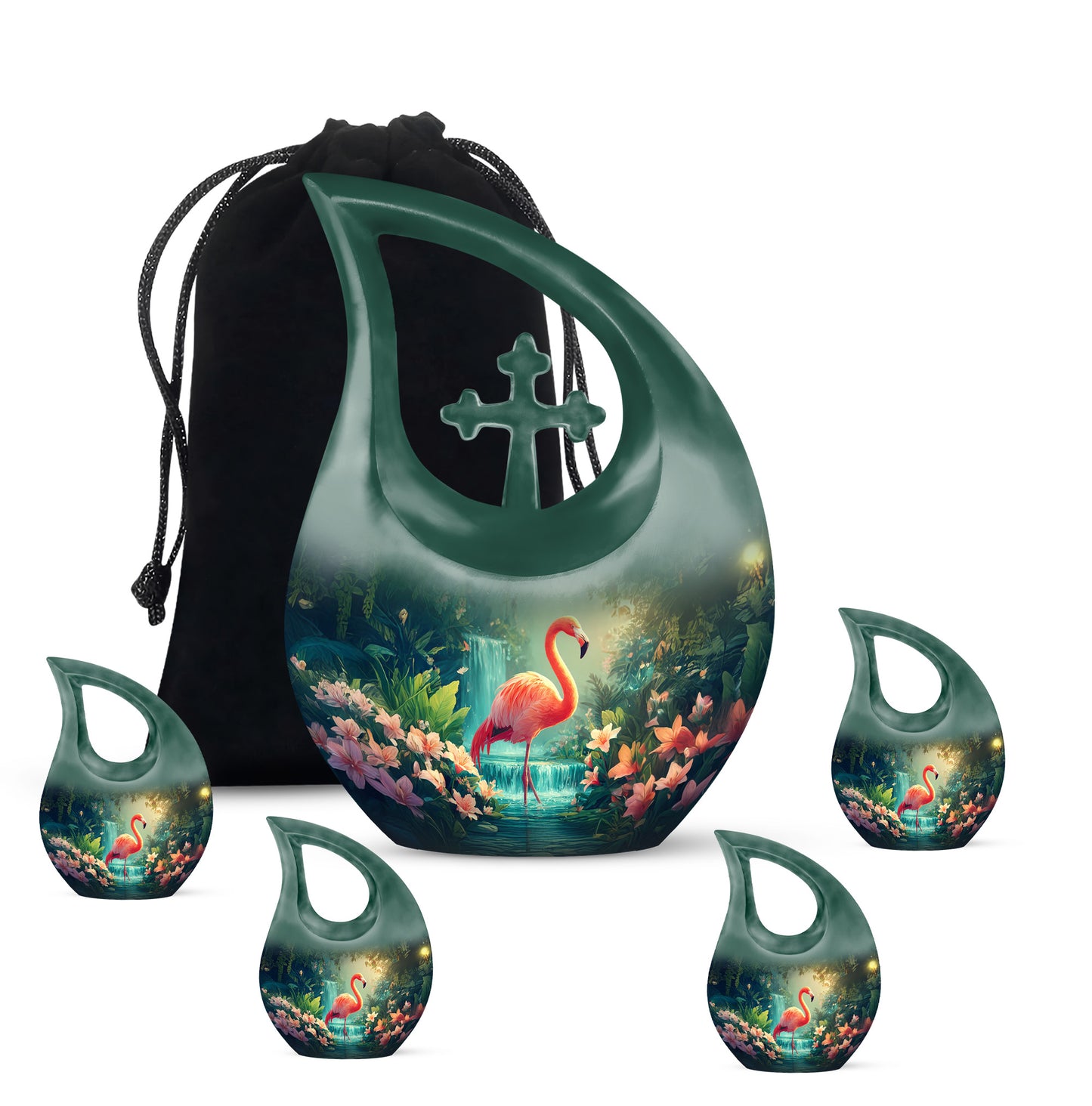Twilight Blue Flamingo Cremation Urn urn with complimentary velvet bag - faith-inspired cross-drop urn with flamingo pattern - memorial set with one large and four small urns