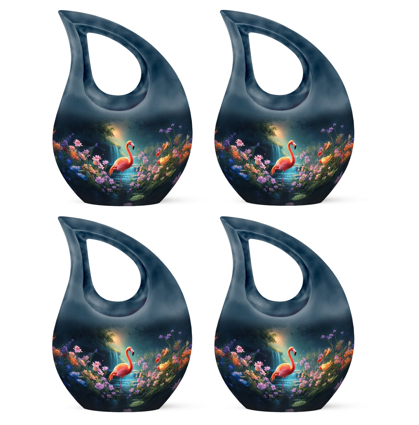 Serene Blue Flamingo Cremation Urn lifestyle display on memorial shelf - devotional cross-drop flamingo engraving - 10 inch aluminum urn for cremated remains
