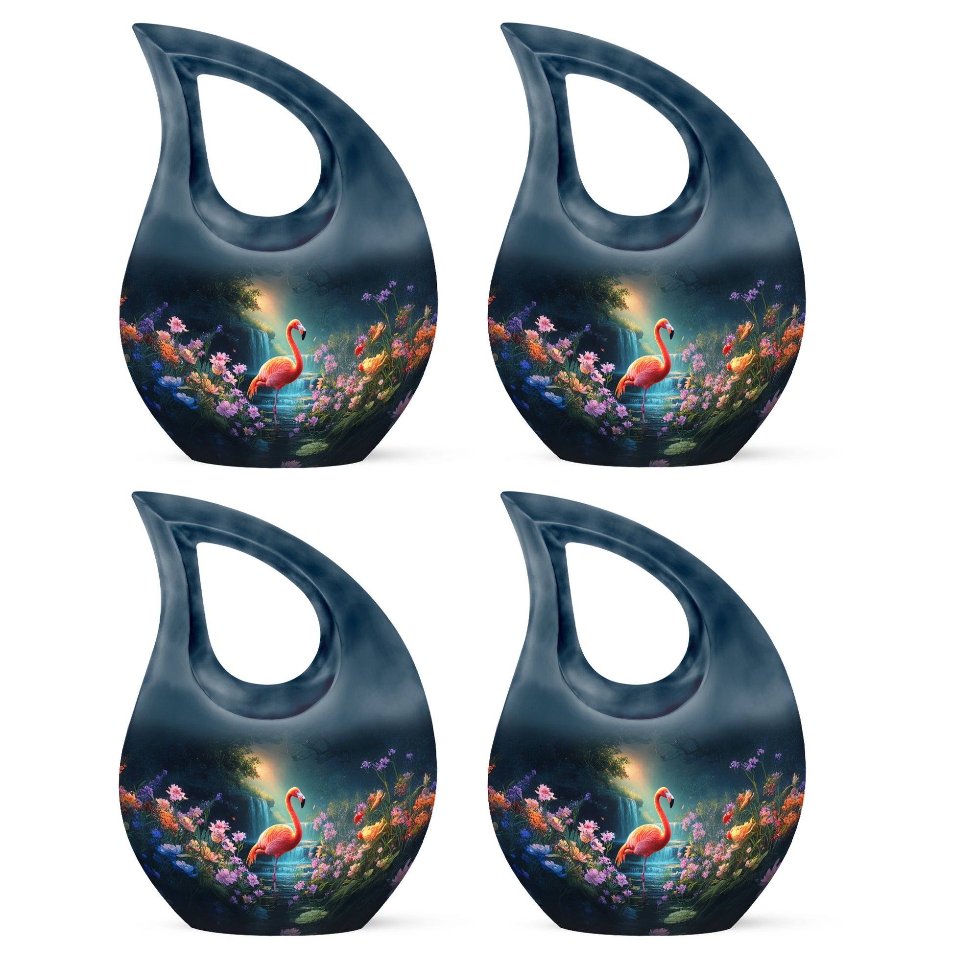 Serene Blue Flamingo Cremation Urn lifestyle display on memorial shelf - devotional cross-drop flamingo engraving - 10 inch aluminum urn for cremated remains