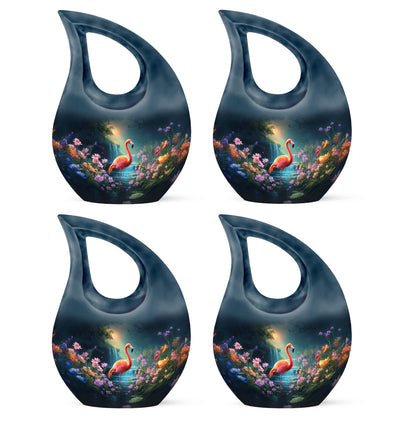 Serene Blue Flamingo Cremation Urn lifestyle display on memorial shelf - devotional cross-drop flamingo engraving - 10 inch aluminum urn for cremated remains