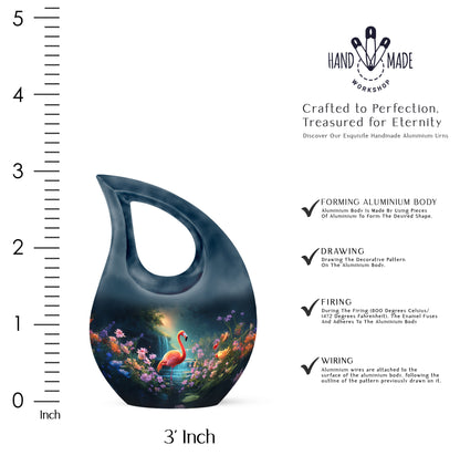 Sapphire Blue Flamingo Cremation Urn back view with polished surface - faith-inspired cross-drop urn with flamingo pattern - mini keepsake memorial for portion of cremation ashes