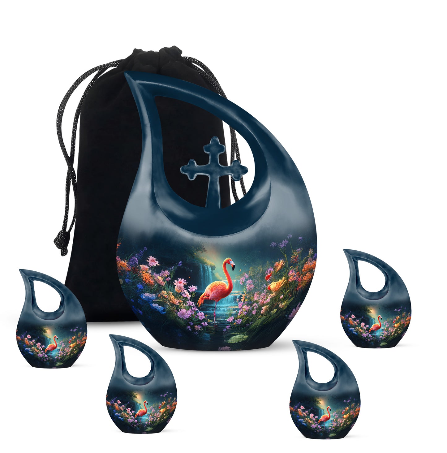 Azure Flamingo Cremation Urn urn with complimentary velvet bag - cross and flamingo combined in spiritual memorial design - memorial set with one large and four small urns