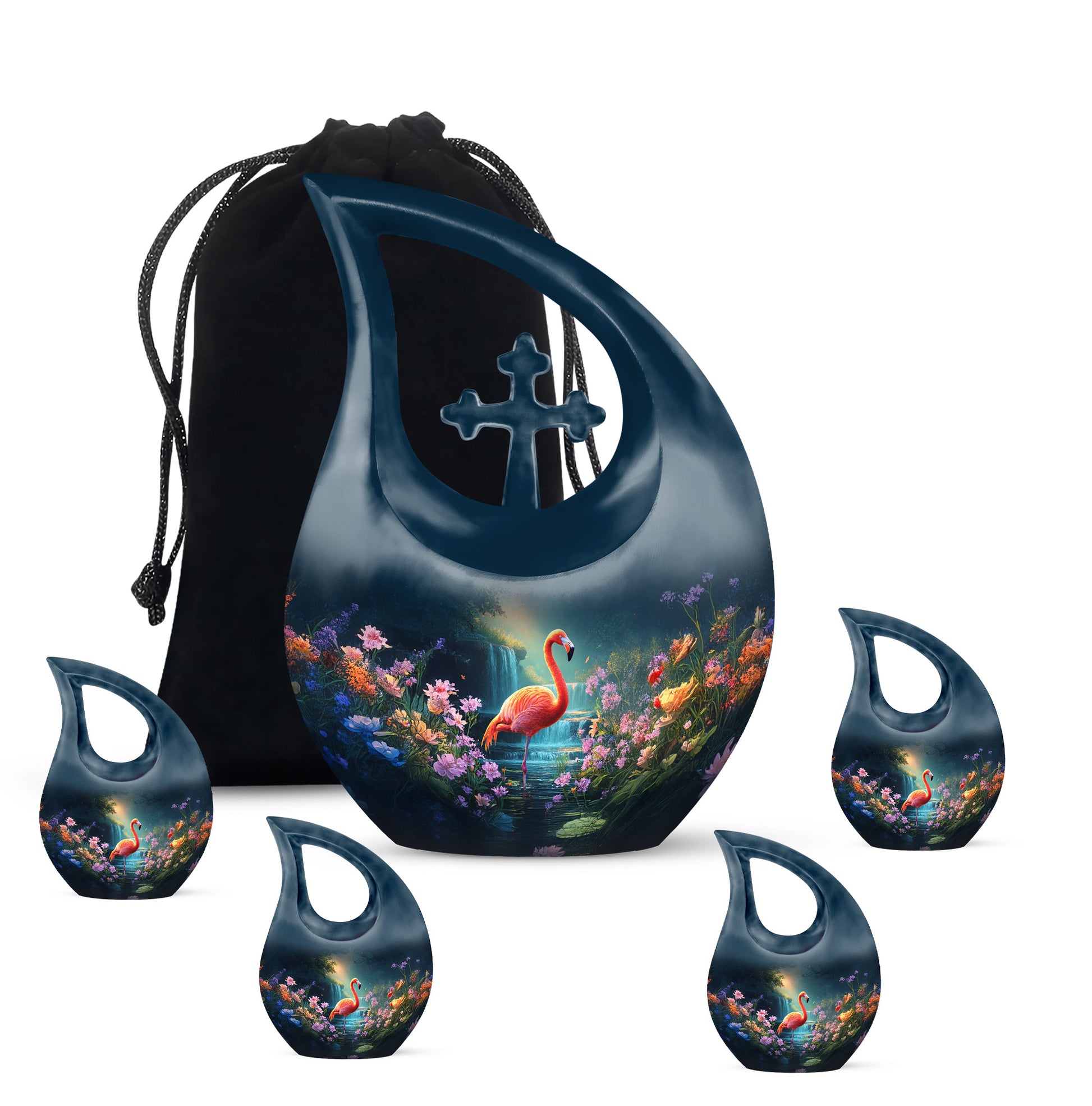 Azure Flamingo Cremation Urn urn with complimentary velvet bag - cross and flamingo combined in spiritual memorial design - memorial set with one large and four small urns