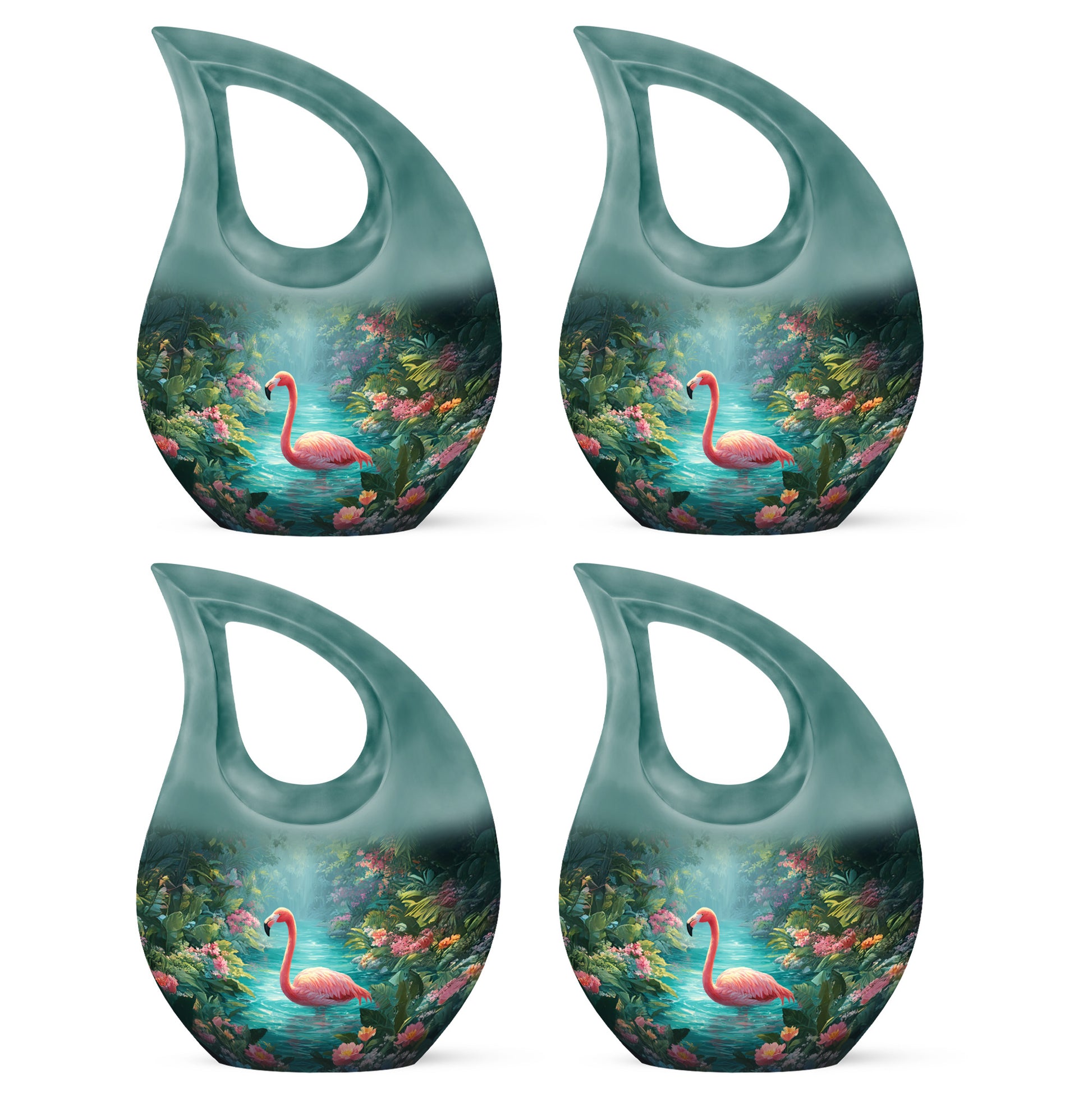 Mystic Teal Flamingo Cremation Urn lifestyle display on memorial shelf - devotional cross-drop flamingo engraving - 10 inch aluminum urn for cremated remains