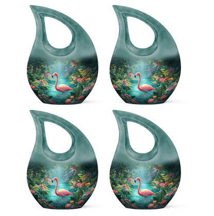 Mystic Teal Flamingo Cremation Urn lifestyle display on memorial shelf - devotional cross-drop flamingo engraving - 10 inch aluminum urn for cremated remains