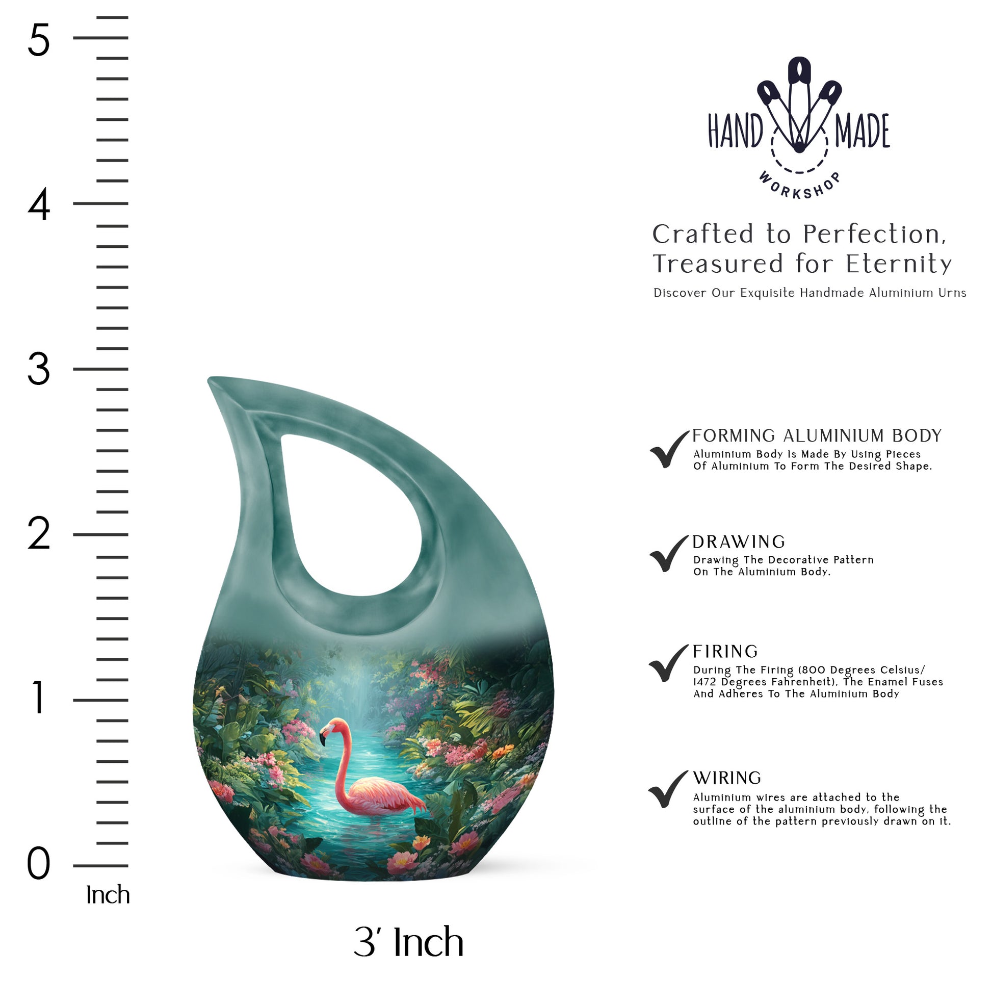 Ocean Teal Flamingo Cremation Urn back view with polished surface - sacred cross merged with flamingo motif on metal - mini keepsake memorial for portion of cremation ashes