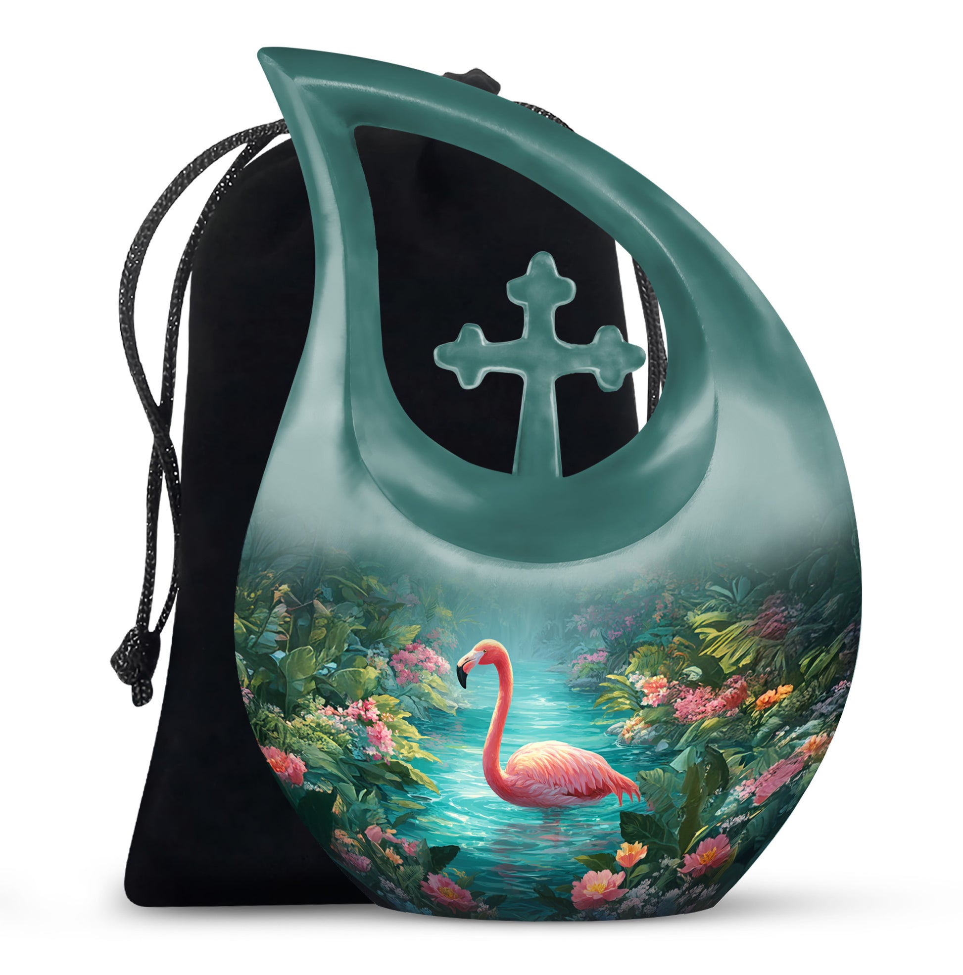 Ocean Teal Flamingo Cremation Urn top-down view of secure threaded lid - sacred cross merged with flamingo motif on metal - full-size 10 inch 200 cubic inch adult cremation urn