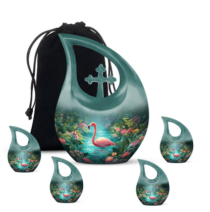 Cool Teal Flamingo Cremation Urn urn with complimentary velvet bag - sacred cross merged with flamingo motif on metal - memorial set with one large and four small urns
