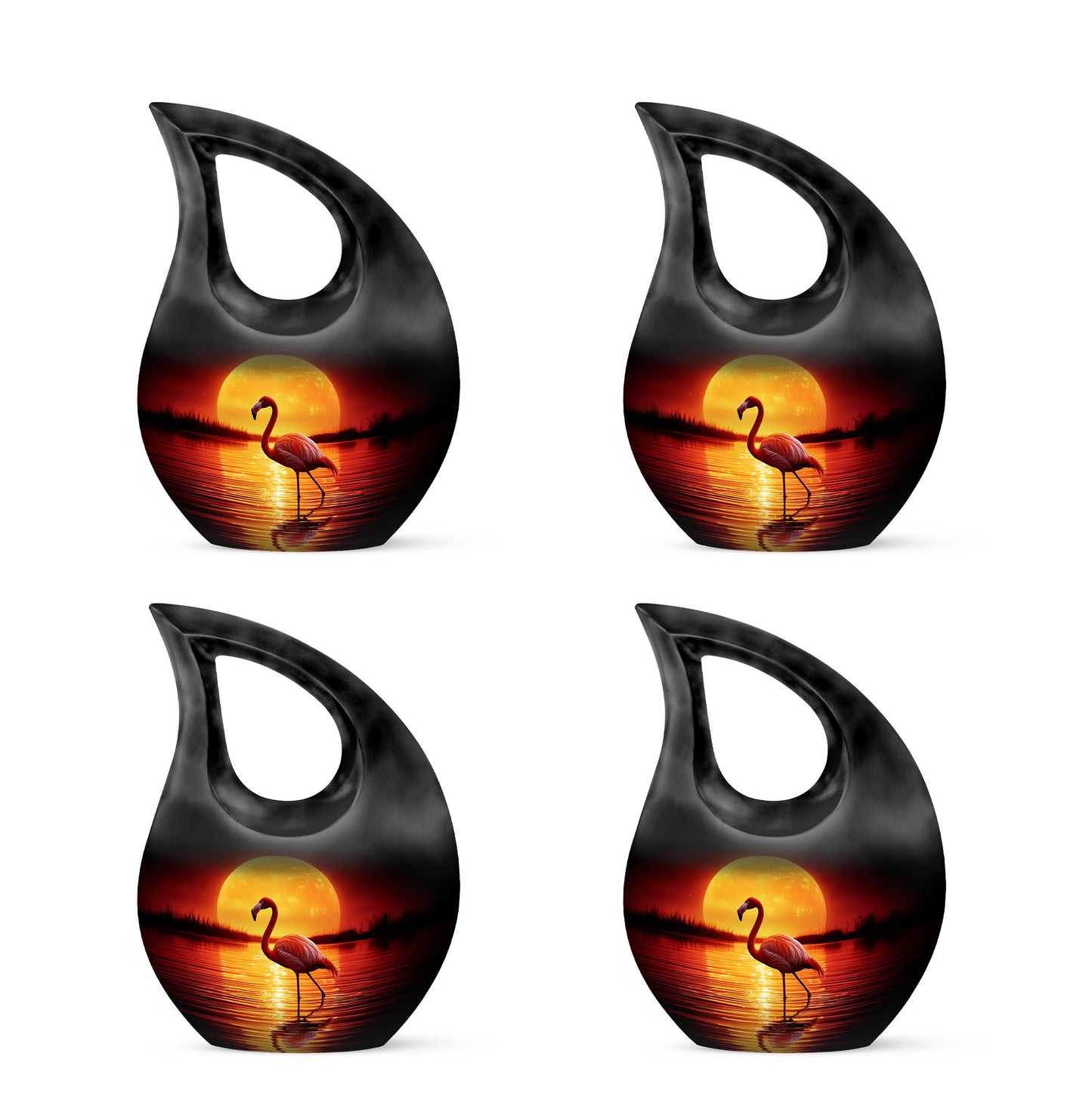 Jet Black Flamingo Cremation Urn lifestyle display on memorial shelf - sacred cross merged with flamingo motif on metal - 10 inch aluminum urn for cremated remains