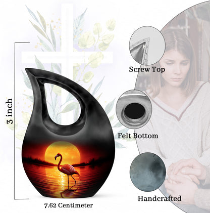 Deep Black Flamingo Cremation Urn back view with polished surface - cross and flamingo combined in spiritual memorial design - mini keepsake memorial for portion of cremation ashes