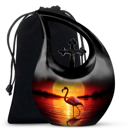 Obsidian Black Flamingo Cremation Urn top-down view of secure threaded lid - faith-inspired cross-drop urn with flamingo pattern - full-size 10 inch 200 cubic inch adult cremation urn