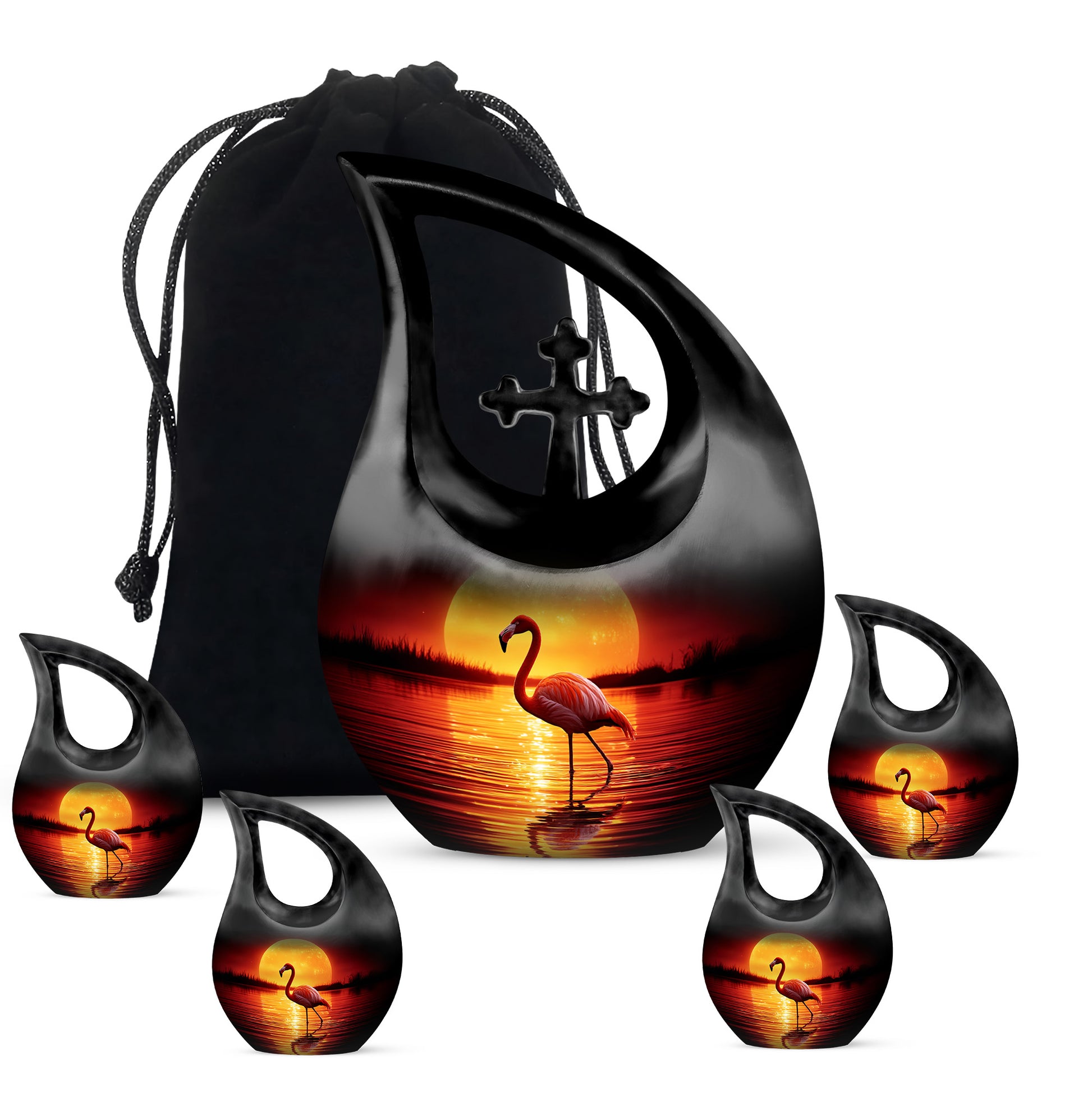 Midnight Black Flamingo Cremation Urn urn with complimentary velvet bag - devotional cross-drop flamingo engraving - memorial set with one large and four small urns