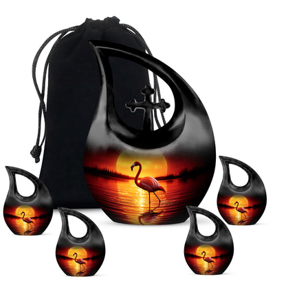 Midnight Black Flamingo Cremation Urn urn with complimentary velvet bag - devotional cross-drop flamingo engraving - memorial set with one large and four small urns