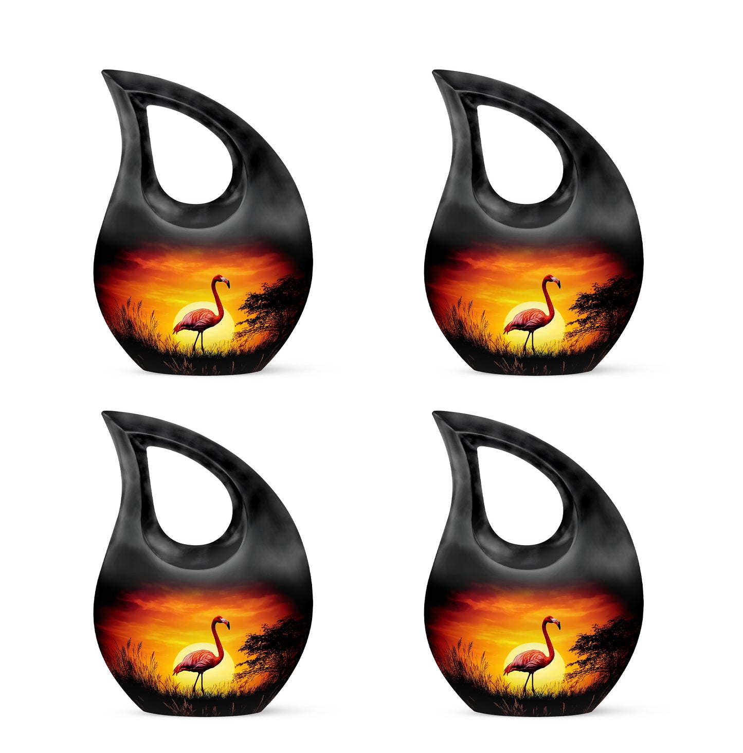 Obsidian Black Flamingo Cremation Urn lifestyle display on memorial shelf - devotional cross-drop flamingo engraving - 10 inch aluminum urn for cremated remains