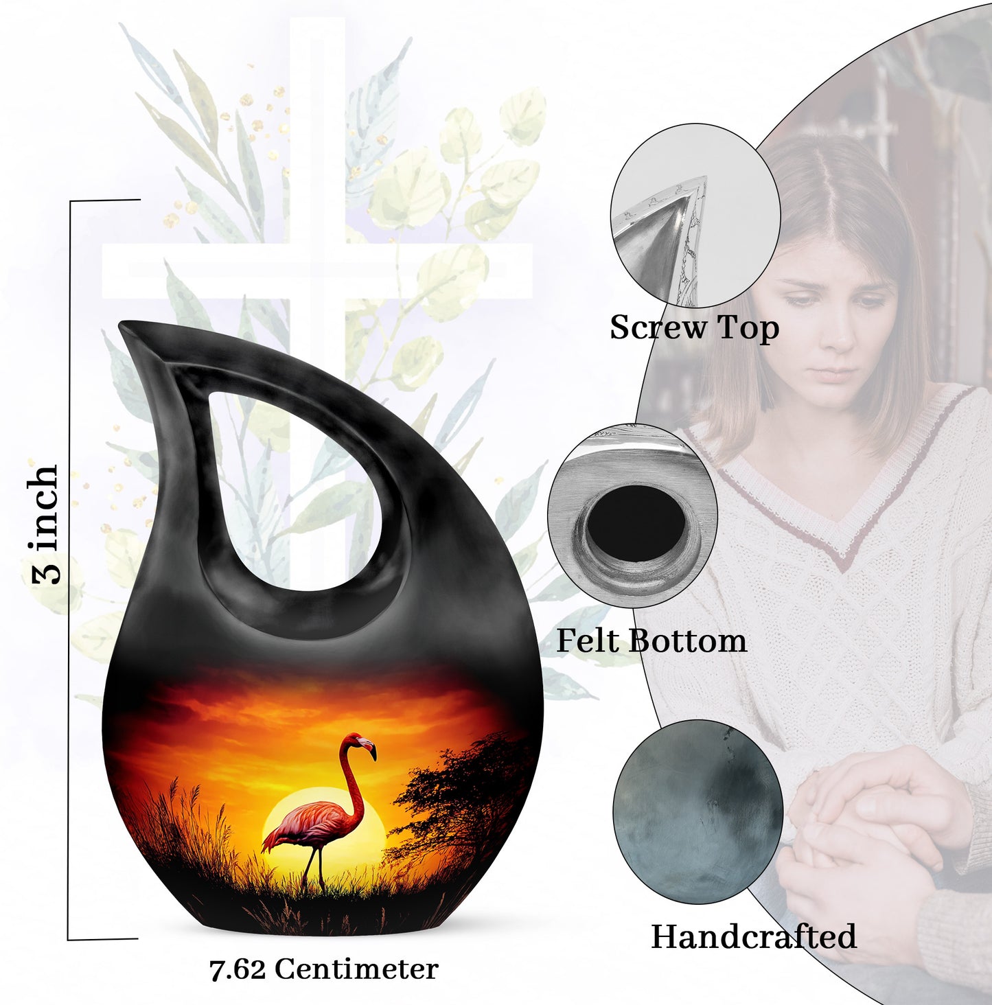 Charcoal Black Flamingo Cremation Urn back view with polished surface - faith-inspired cross-drop urn with flamingo pattern - mini keepsake memorial for portion of cremation ashes