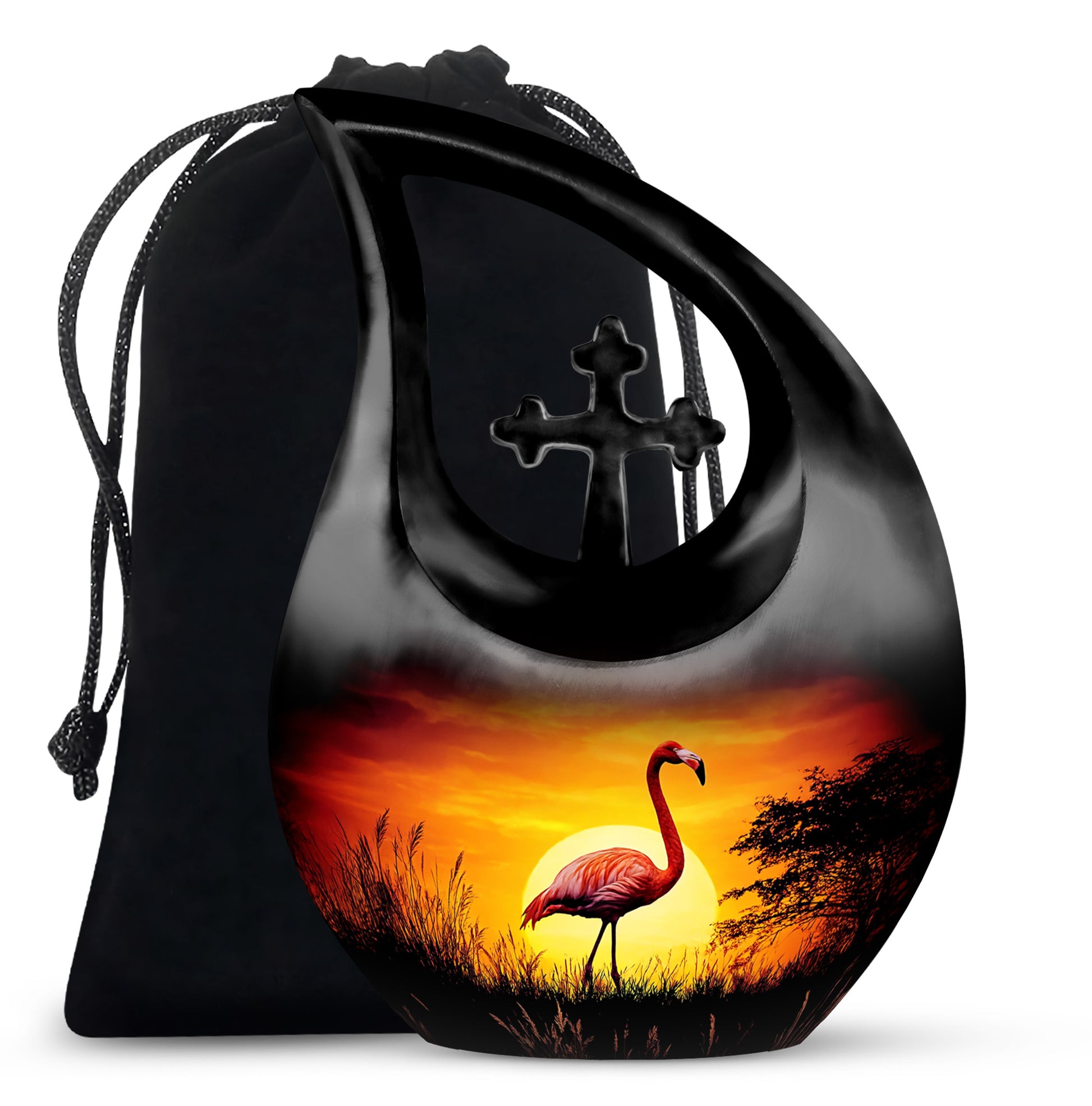 Dark Black Flamingo Cremation Urn top-down view of secure threaded lid - faith-inspired cross-drop urn with flamingo pattern - full-size 10 inch 200 cubic inch adult cremation urn