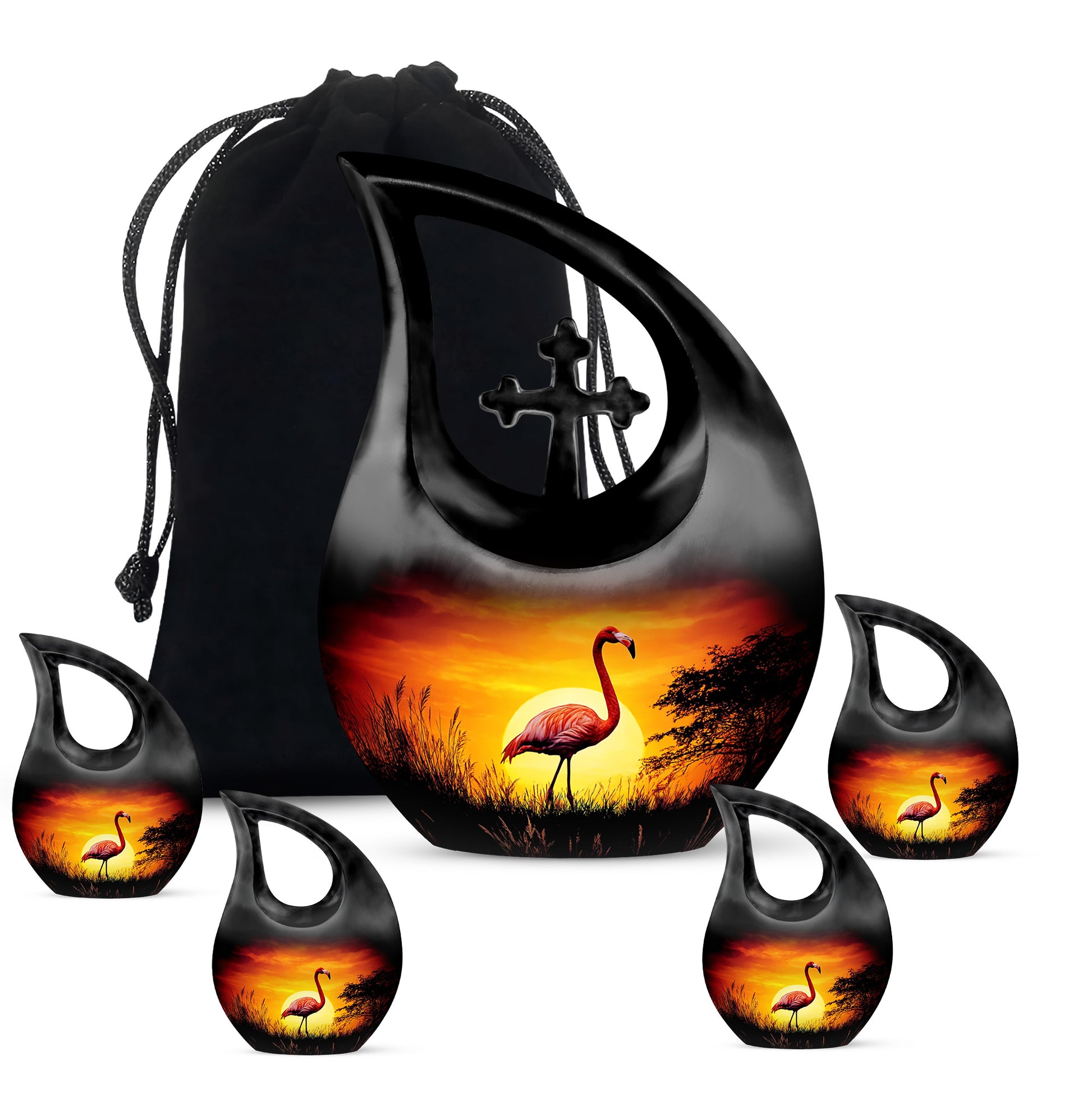 Obsidian Black Flamingo Cremation Urn urn with complimentary velvet bag - faith-inspired cross-drop urn with flamingo pattern - memorial set with one large and four small urns