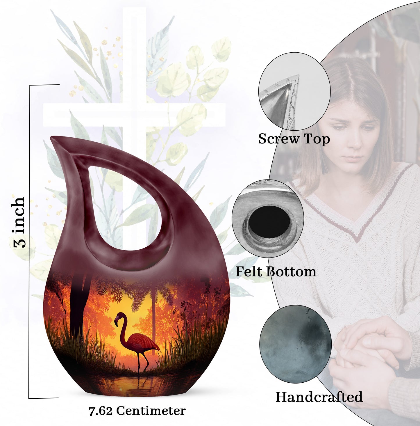 Crimson Red Flamingo Cremation Urn back view with polished surface - sacred cross merged with flamingo motif on metal - mini keepsake memorial for portion of cremation ashes