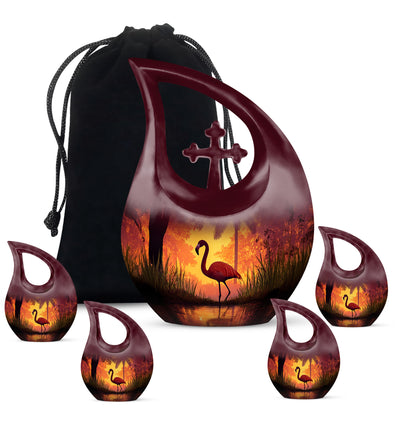Fiery Red Flamingo Cremation Urn urn with complimentary velvet bag - faith-inspired cross-drop urn with flamingo pattern - memorial set with one large and four small urns