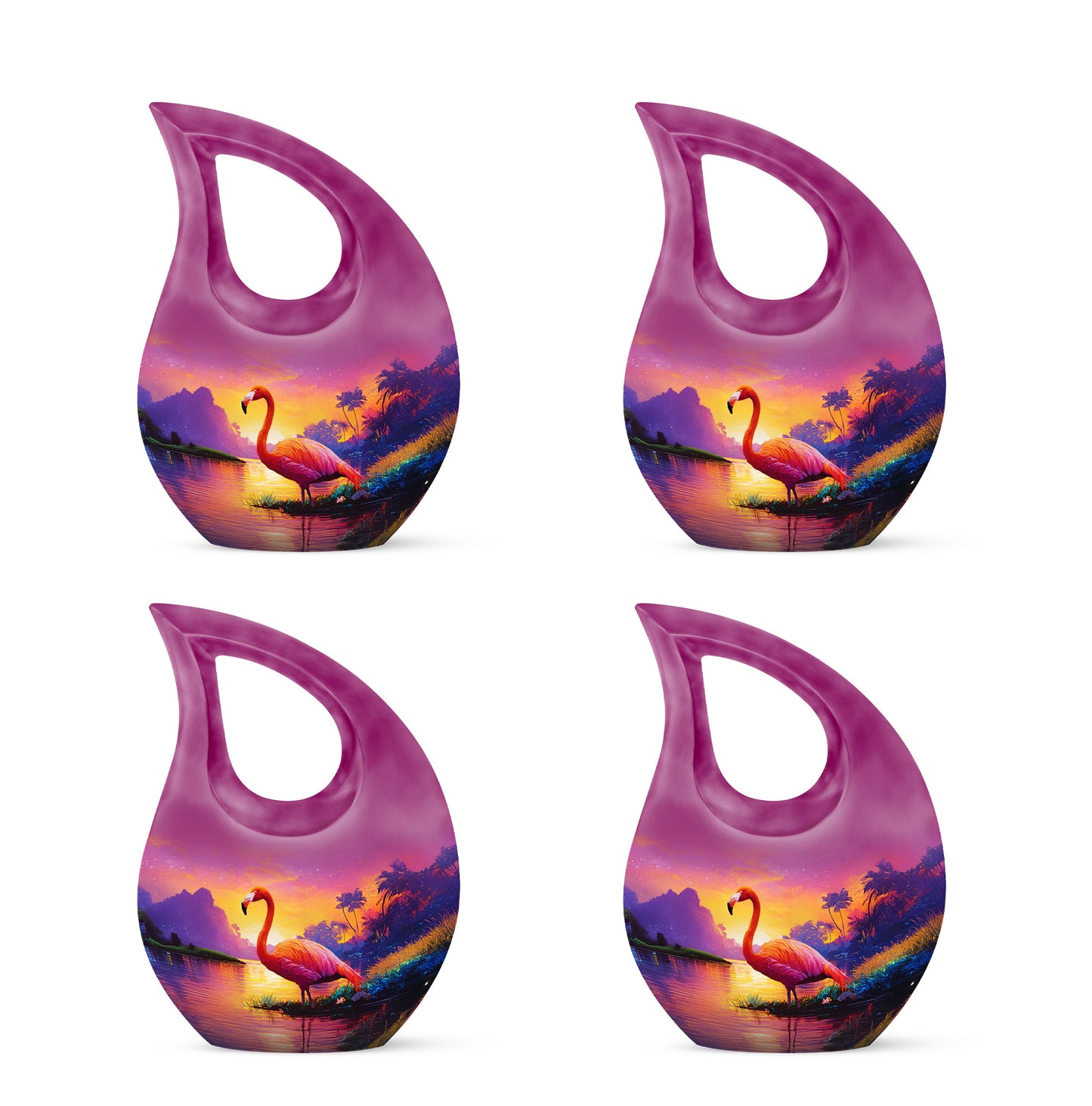 Pastel Pink Flamingo Cremation Urn lifestyle display on memorial shelf - sacred cross merged with flamingo motif on metal - 10 inch aluminum urn for cremated remains