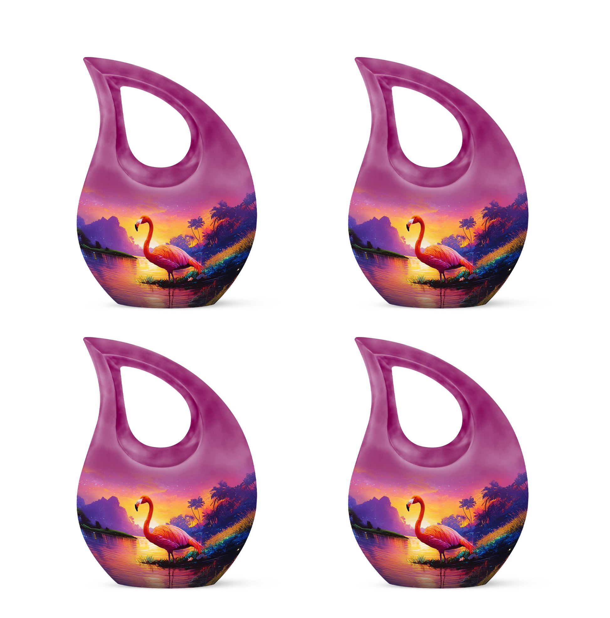 Pastel Pink Flamingo Cremation Urn lifestyle display on memorial shelf - sacred cross merged with flamingo motif on metal - 10 inch aluminum urn for cremated remains