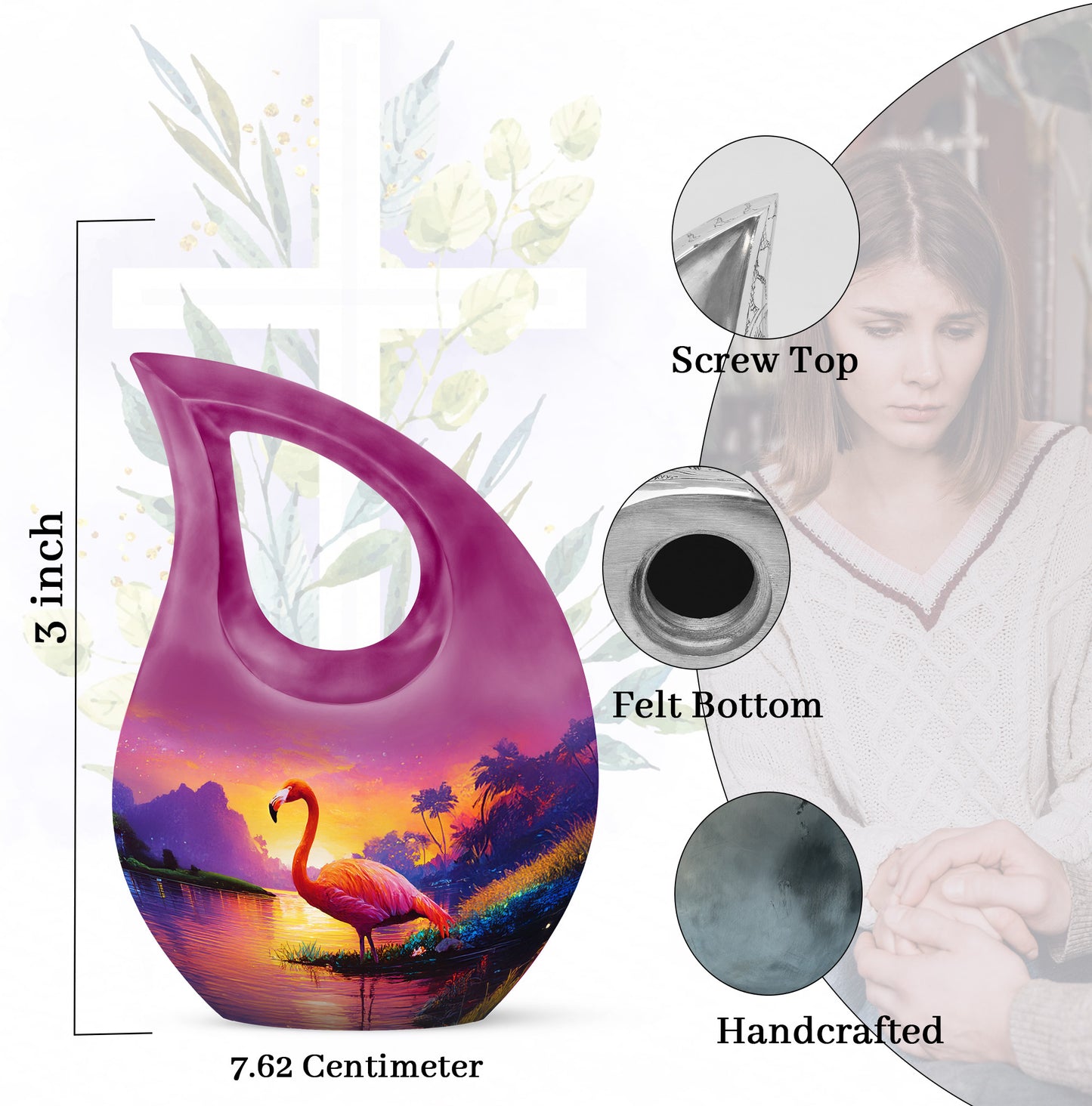 Blush Pink Flamingo Cremation Urn back view with polished surface - cross and flamingo combined in spiritual memorial design - mini keepsake memorial for portion of cremation ashes