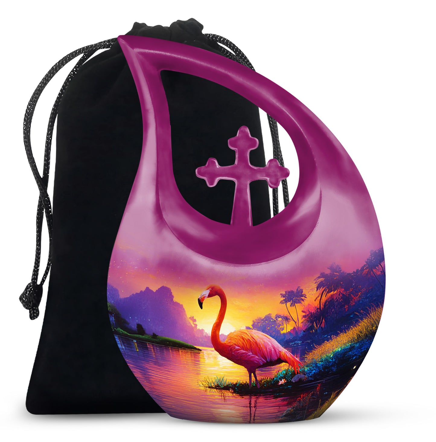Salmon Pink Flamingo Cremation Urn top-down view of secure threaded lid - devotional cross-drop flamingo engraving - full-size 10 inch 200 cubic inch adult cremation urn