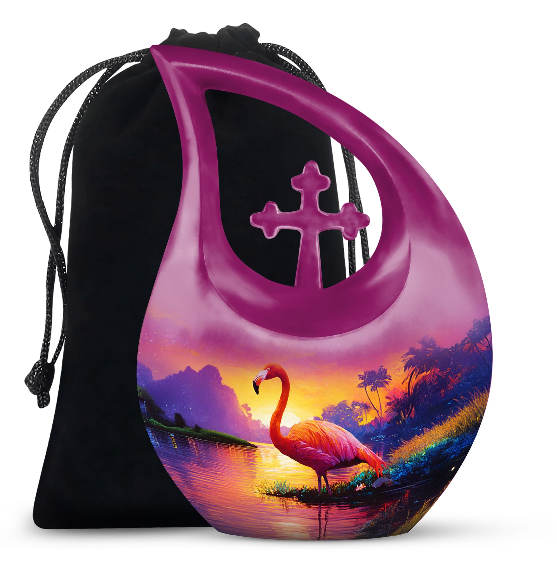Salmon Pink Flamingo Cremation Urn top-down view of secure threaded lid - devotional cross-drop flamingo engraving - full-size 10 inch 200 cubic inch adult cremation urn