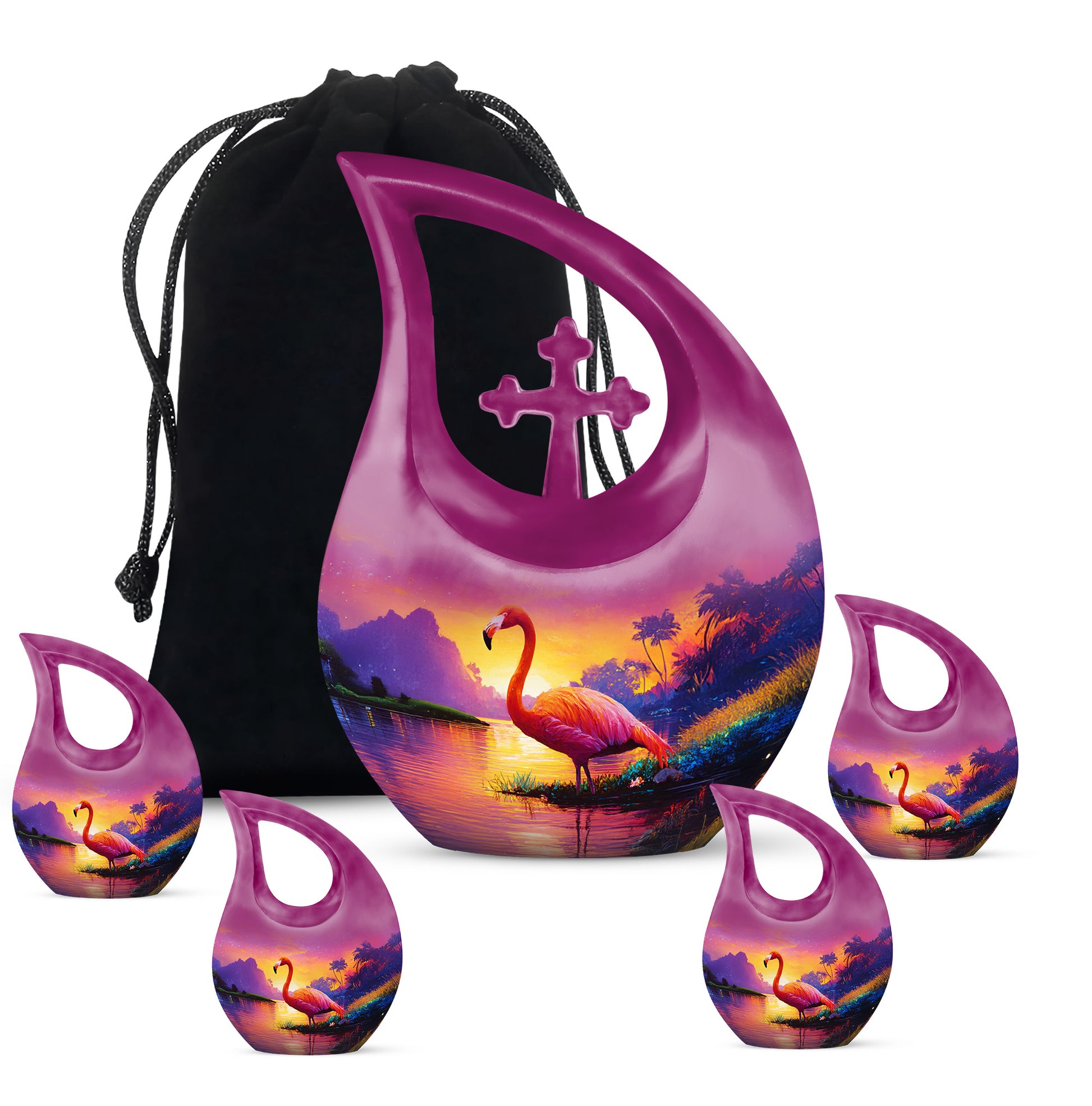 Blush Pink Flamingo Cremation Urn urn with complimentary velvet bag - cross and flamingo combined in spiritual memorial design - memorial set with one large and four small urns