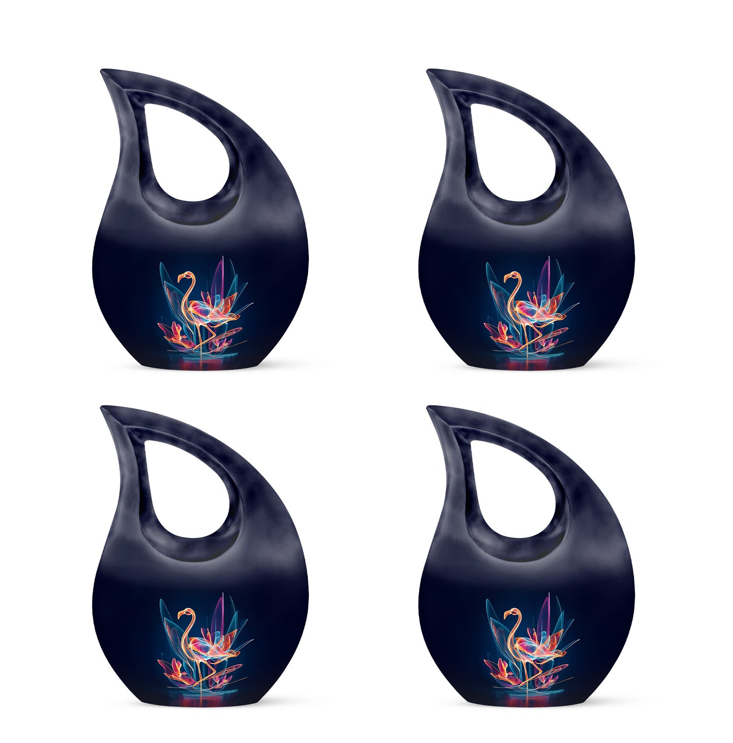 Cornflower Blue Flamingo Cremation Urn lifestyle display on memorial shelf - faith-inspired cross-drop urn with flamingo pattern - 10 inch aluminum urn for cremated remains