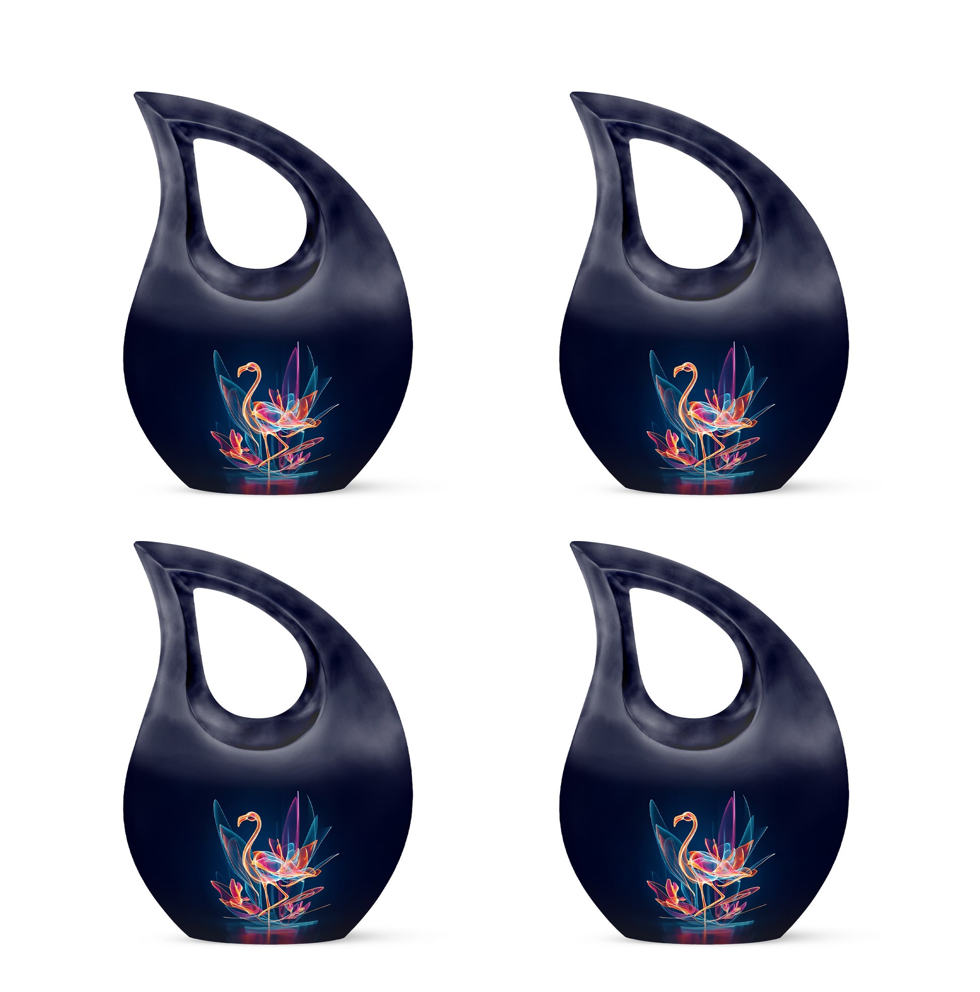 Cornflower Blue Flamingo Cremation Urn lifestyle display on memorial shelf - faith-inspired cross-drop urn with flamingo pattern - 10 inch aluminum urn for cremated remains